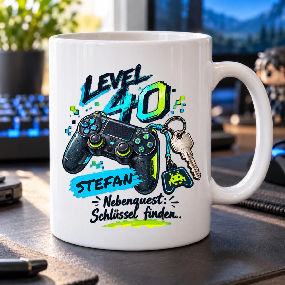 Nebenquest Schlüssel finden – personalisierte Tasse zum 40. Geburtstag