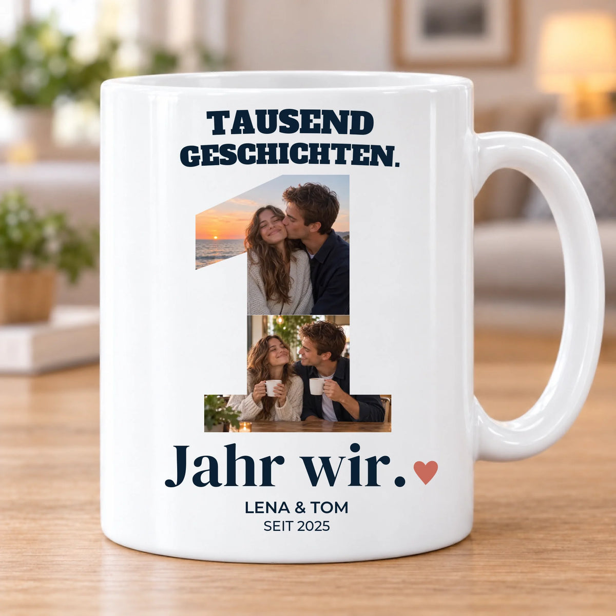 1 Jahr wir – Fototasse, eigene helle Wohnzimmerszene