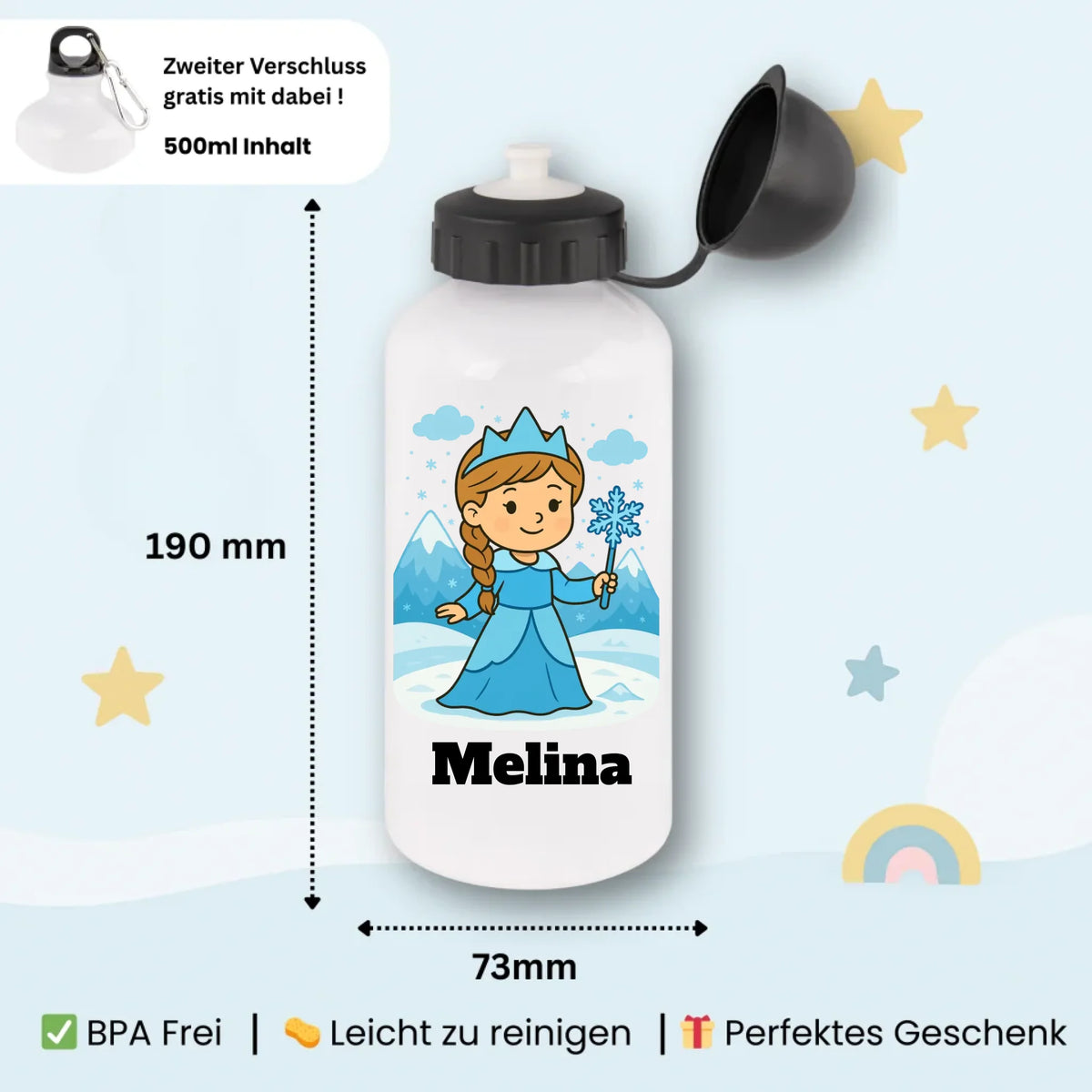 Eiskönigin Kindertrinkflasche mit Namen aus Edelstahl, BPA-frei