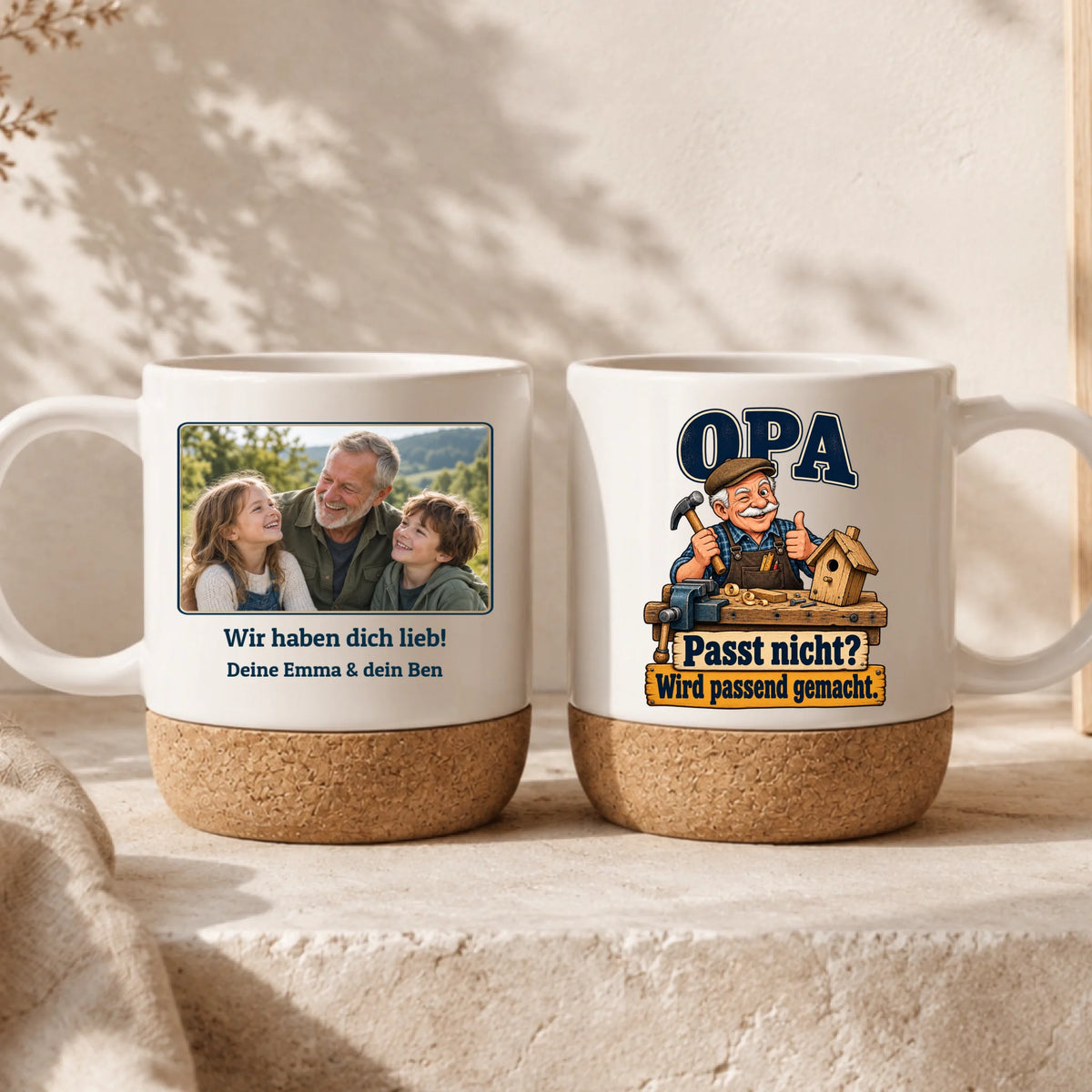 Personalisierte BEN-Tasse: links Foto mit Gruß und Namen, rechts Passt nicht? Wird passend gemacht