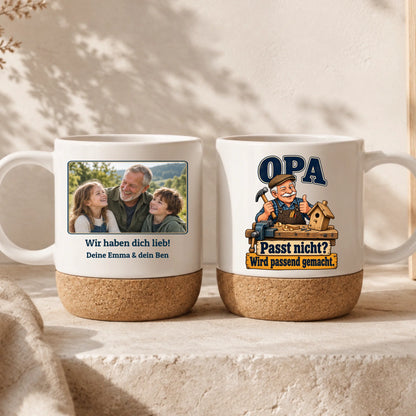 Personalisierte BEN-Tasse: links Foto mit Gruß und Namen, rechts Passt nicht? Wird passend gemacht