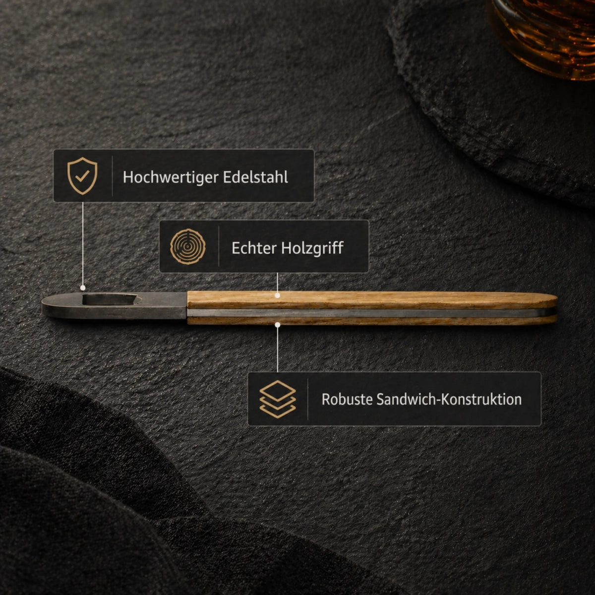 Flaschenöffner mit Holzgriff – seitliche Detailansicht und Materialinformationen