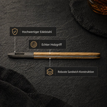 Flaschenöffner mit Holzgriff – seitliche Detailansicht und Materialinformationen