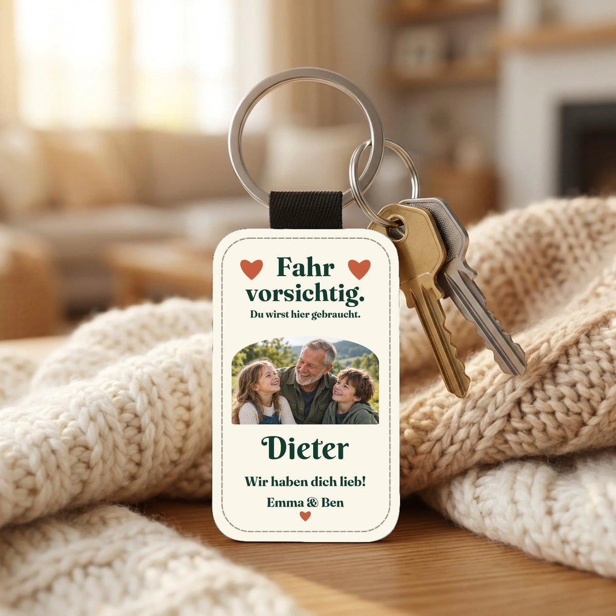 Fahr vorsichtig – Foto-Schlüsselanhänger mit Namen und Gruß – Produktansicht 1