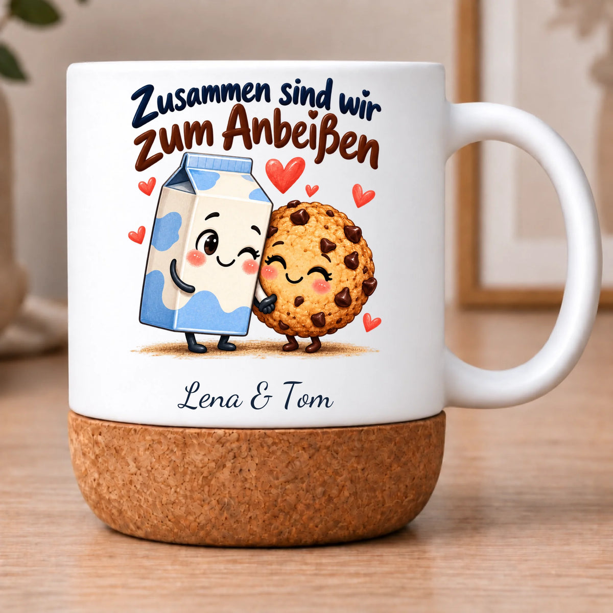 Personalisierte Milch & Keks-Tasse – Zusammen sind wir zum Anbeißen – Henkel rechts