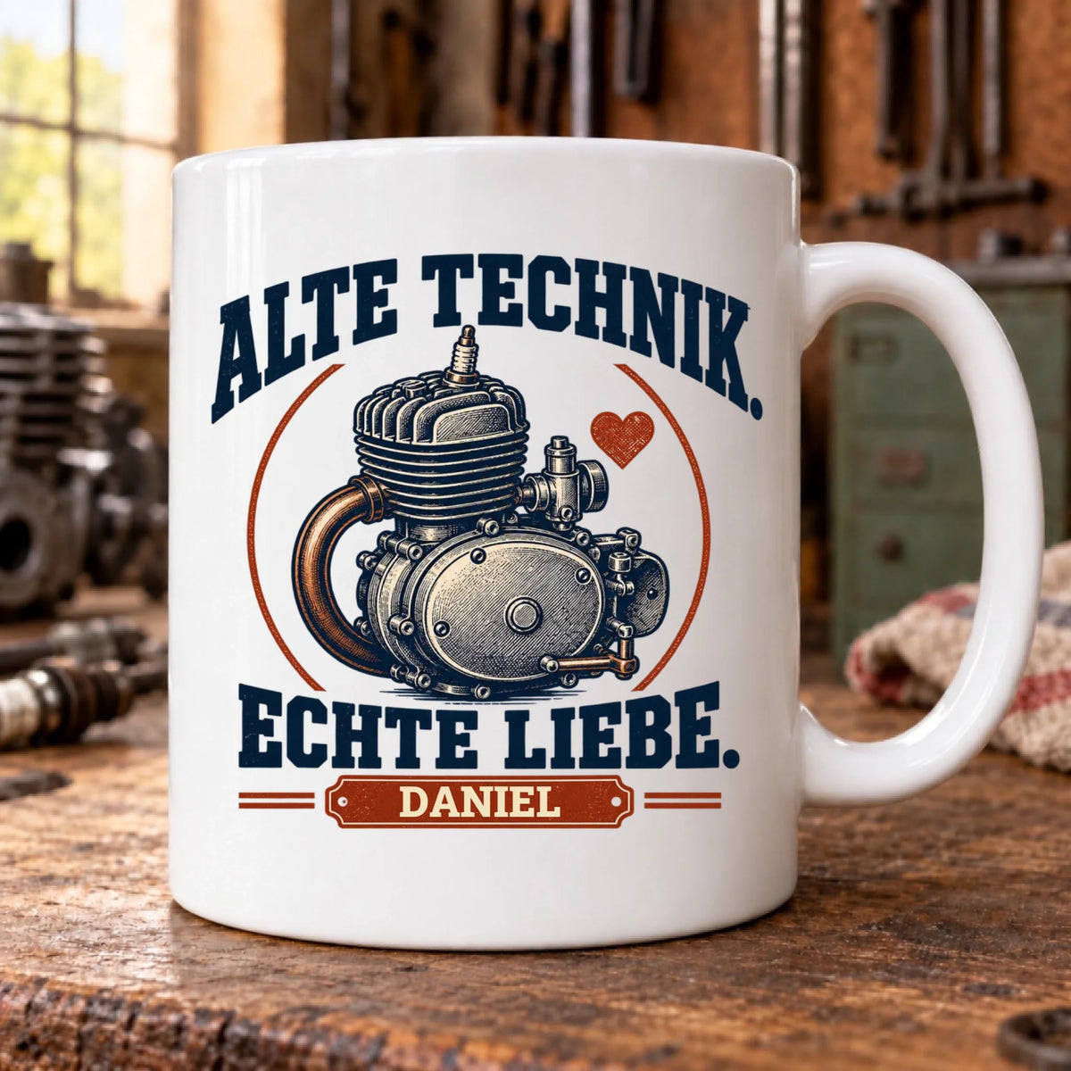 Alte Technik echte Liebe – Tasse LENA im Werkstatt-Mockup