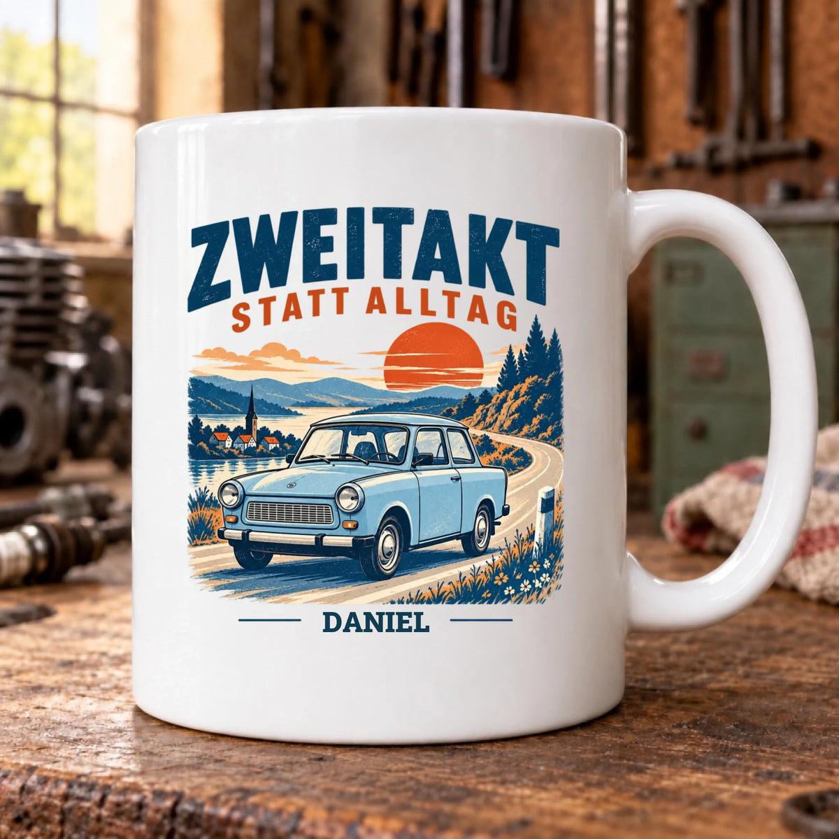 Zweitakt statt Alltag – Tasse LENA im Werkstatt-Mockup