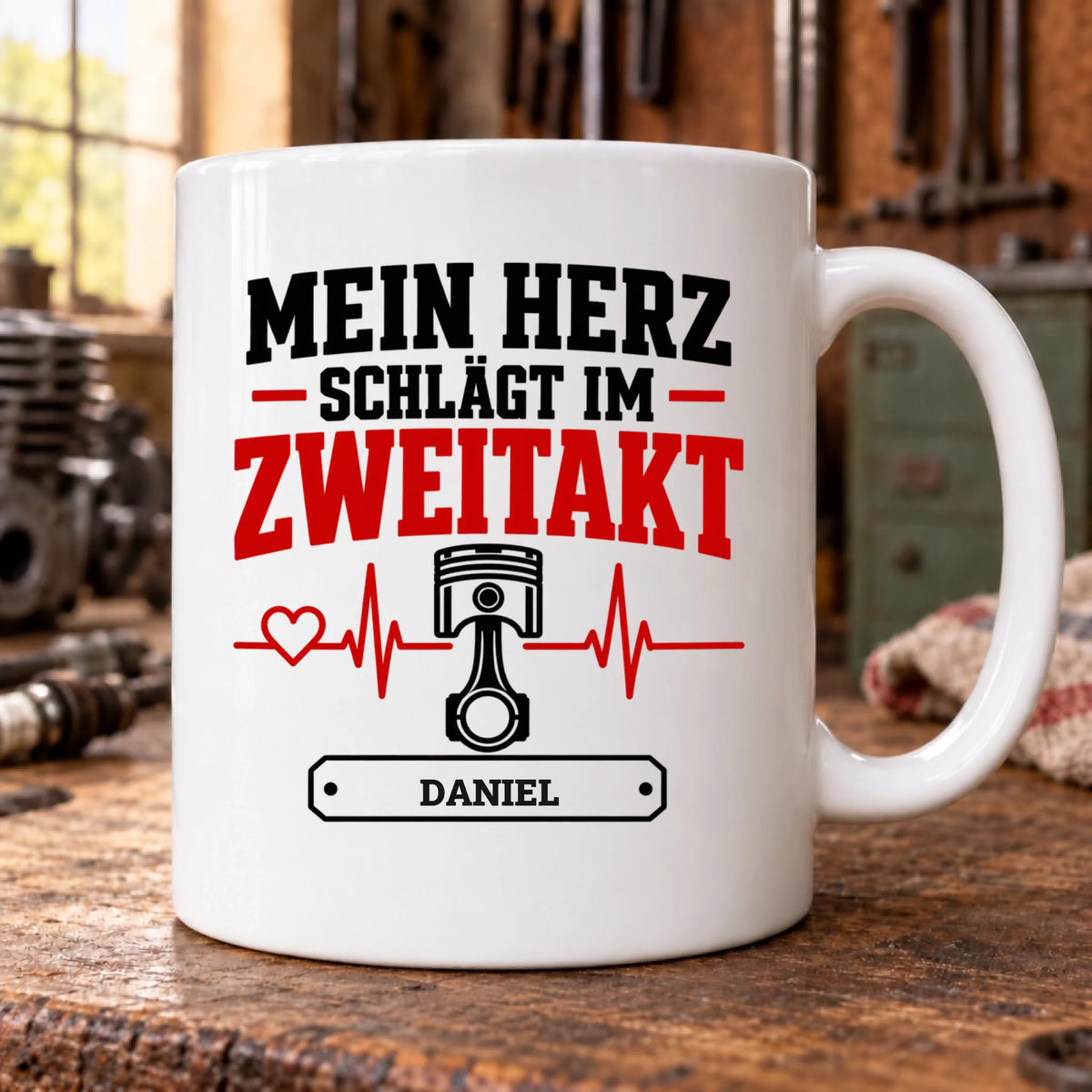 Mein Herz schlägt im Zweitakt – Tasse LENA im Werkstatt-Mockup