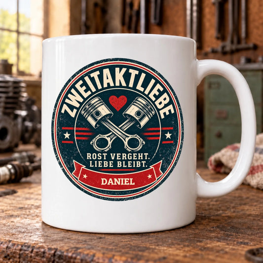 Rost vergeht – Liebe bleibt – Tasse LENA im Werkstatt-Mockup