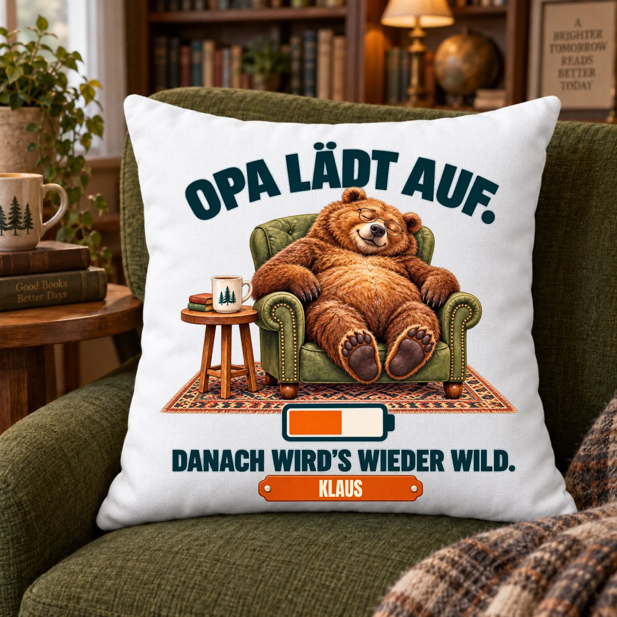 Opa lädt auf – personalisiertes Kissen mit Namen