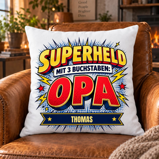 Superheld mit 3 Buchstaben – OPA – personalisiertes Kissen mit Namen