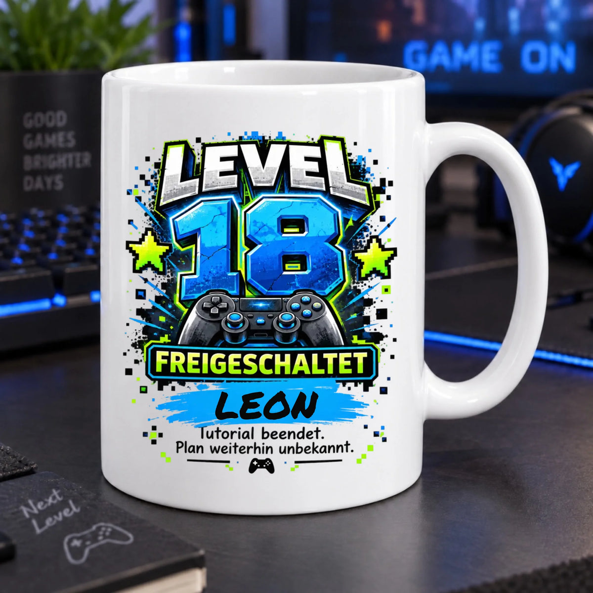Level 18 freigeschaltet – Tasse LENA mit Wunschname