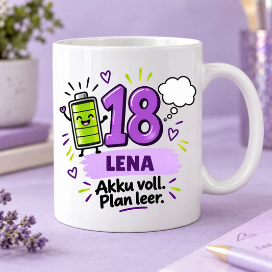 Akku voll Plan leer – Tasse LENA mit Wunschname