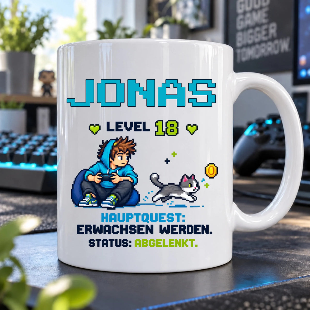 Hauptquest abgelenkt – personalisierte Tasse zum 18. Geburtstag