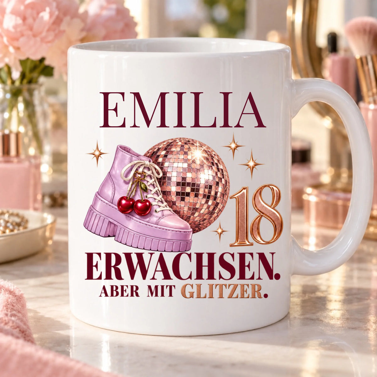 Erwachsen aber mit Glitzer – personalisierte Tasse zum 18. Geburtstag