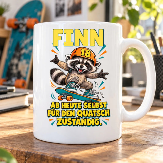 Für den Quatsch zuständig – personalisierte Tasse zum 18. Geburtstag