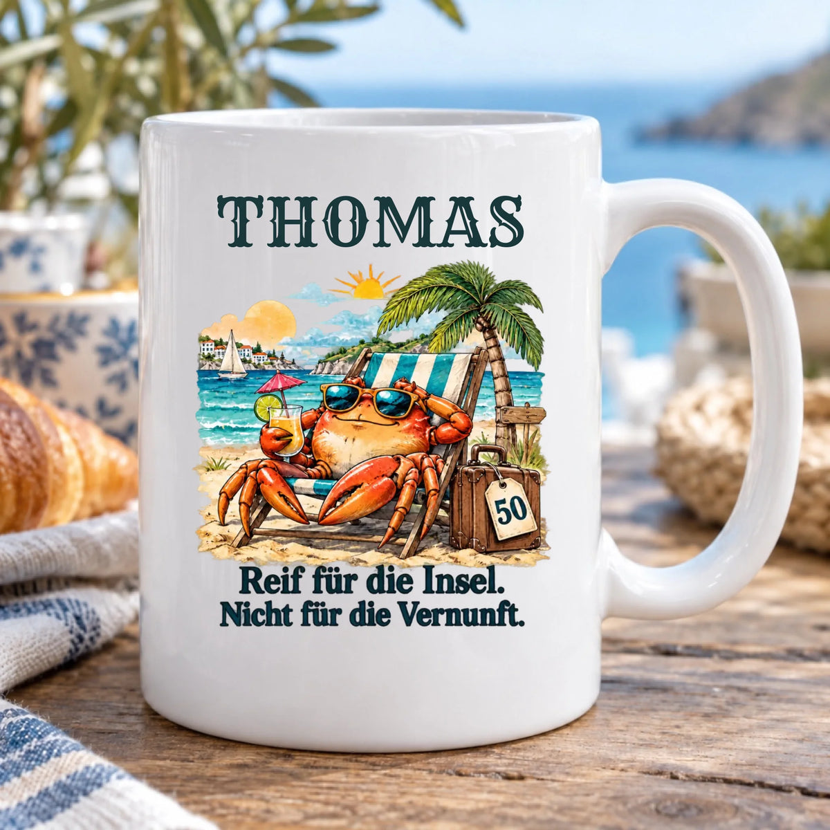 Reif für die Insel – Tasse zum 50. Geburtstag mit Namen