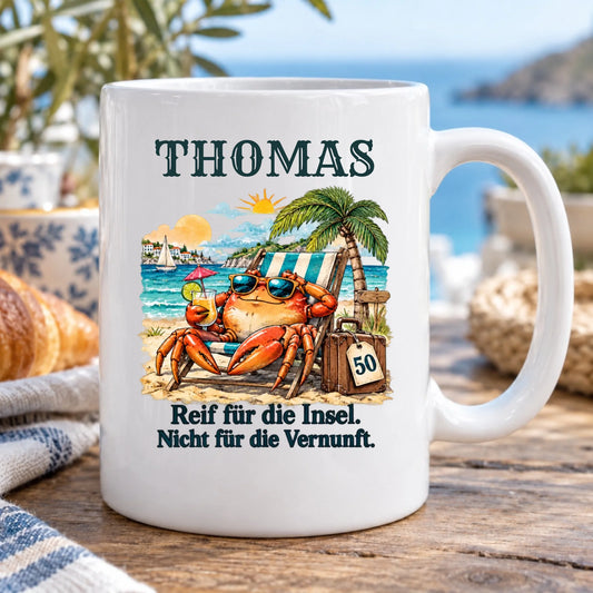 Reif für die Insel – Tasse zum 50. Geburtstag mit Namen