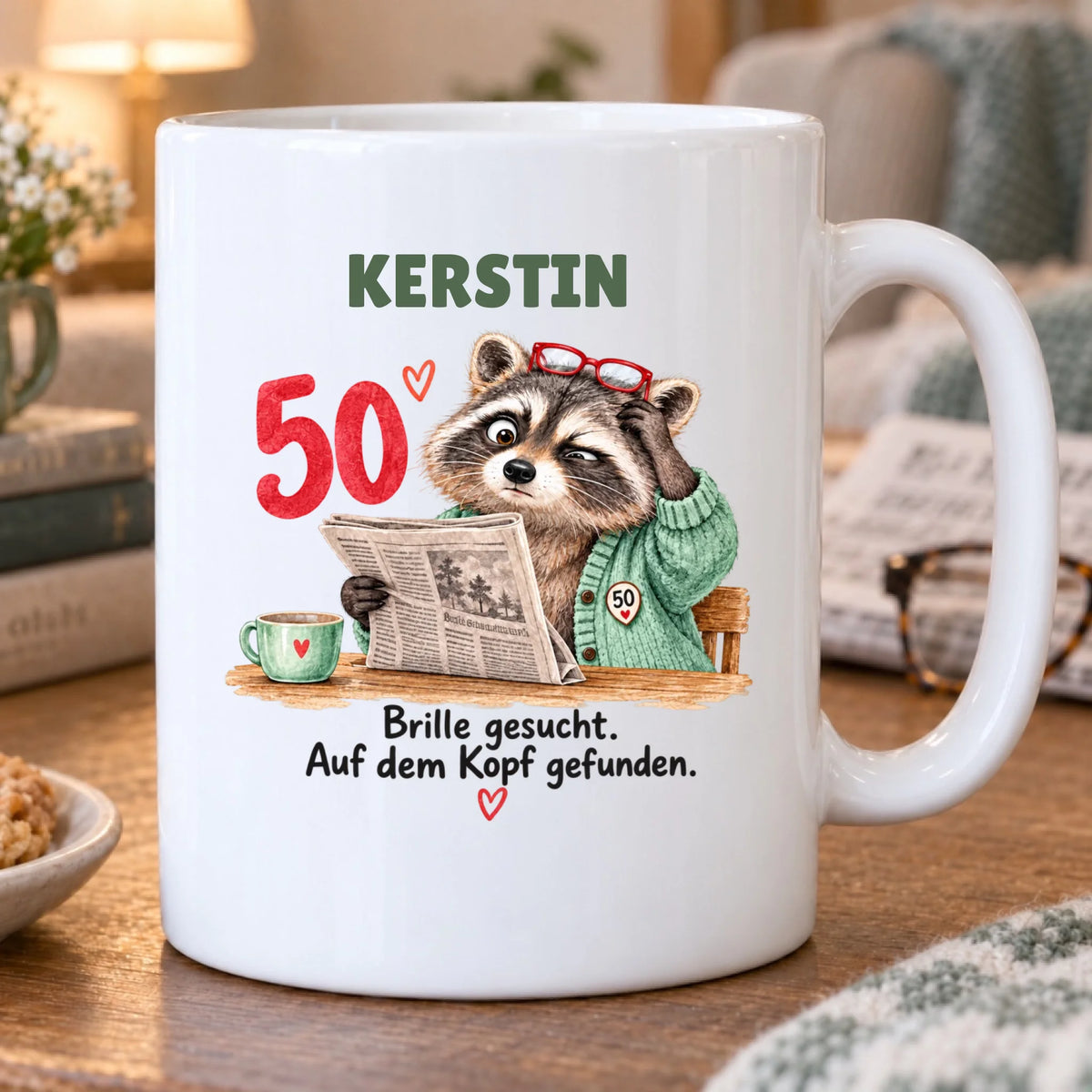 Brille auf dem Kopf – Tasse zum 50. Geburtstag mit Namen