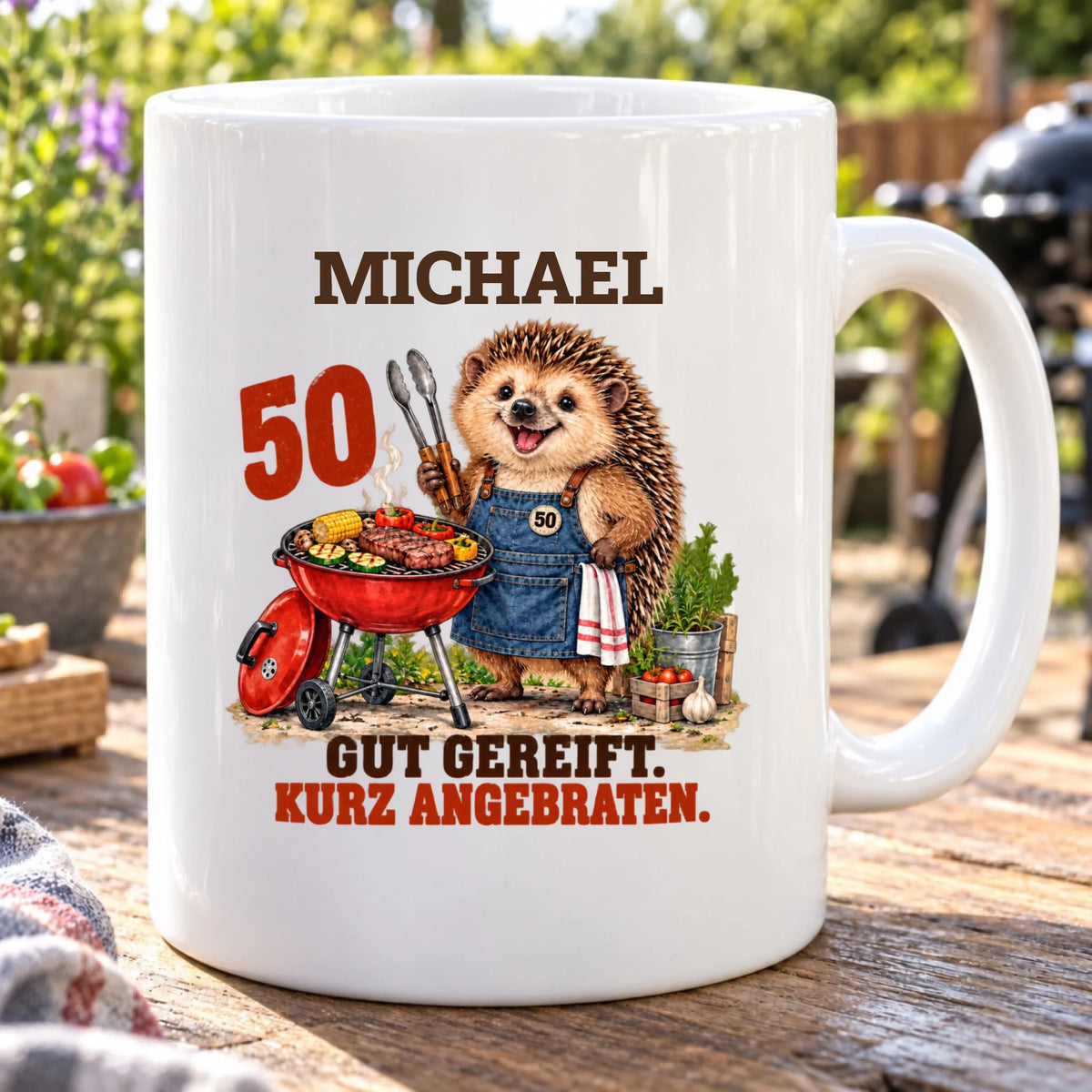 Gut gereift kurz angebraten – Tasse zum 50. Geburtstag mit Namen