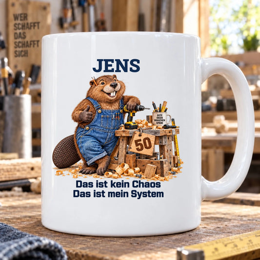 Werkstatt mit System – Tasse zum 50. Geburtstag mit Namen