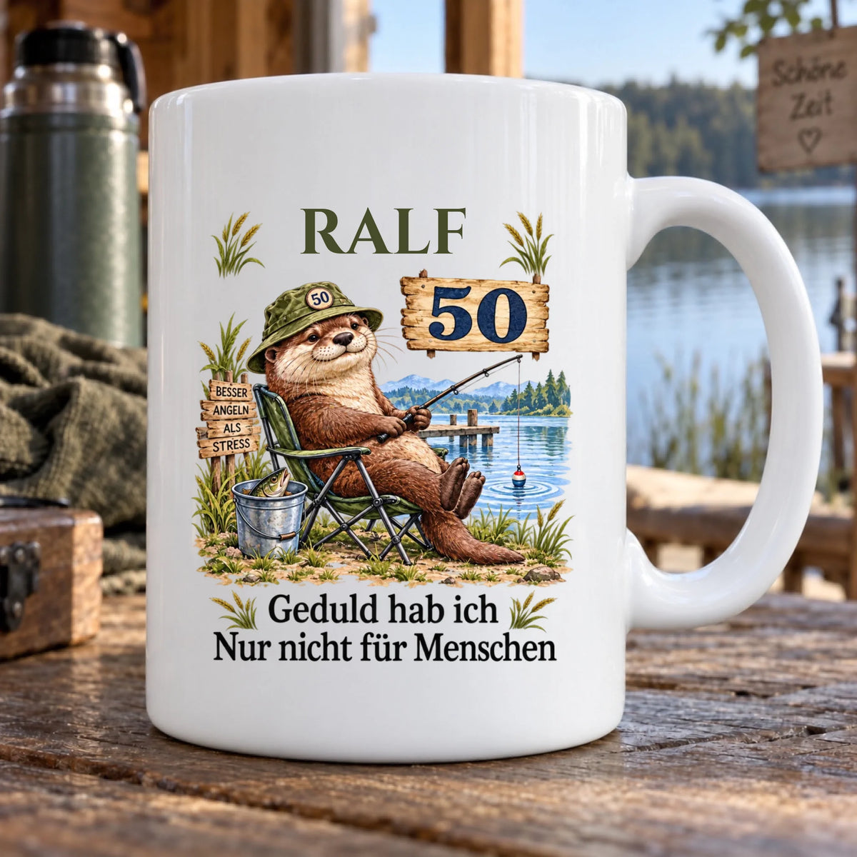 Geduld am Wasser – Tasse zum 50. Geburtstag mit Namen