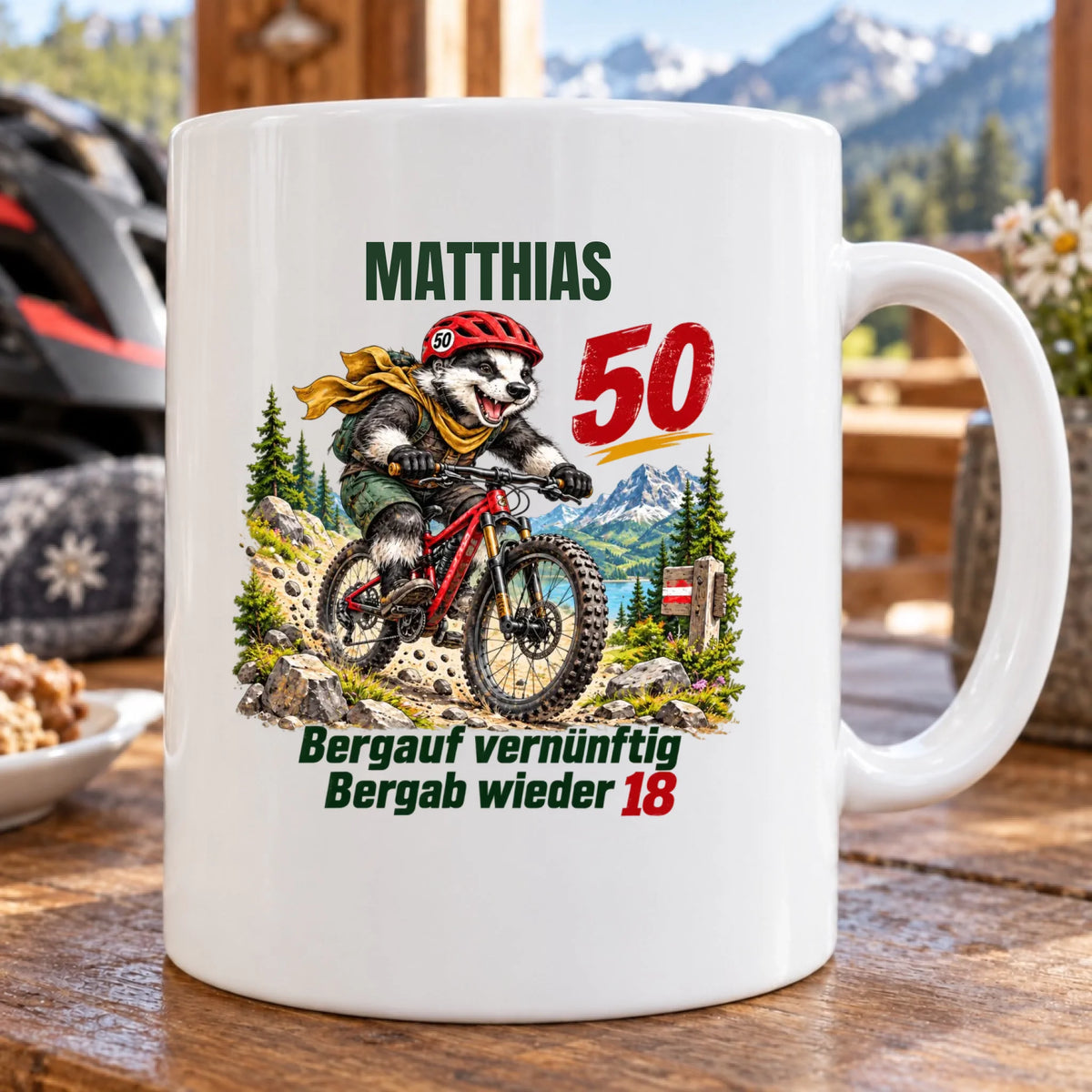 Bergab wieder 18 – Tasse zum 50. Geburtstag mit Namen