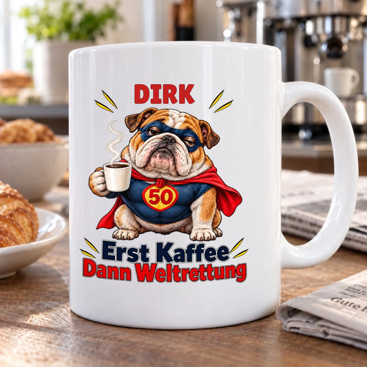 Kaffee vor Weltrettung – Tasse zum 50. Geburtstag mit Namen