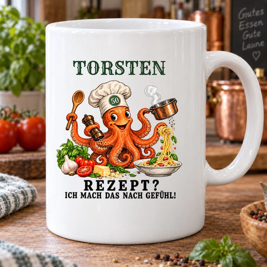 Nach Gefühl gekocht – Tasse zum 50. Geburtstag mit Namen