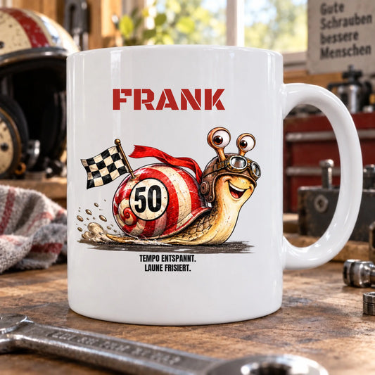 Laune frisiert – Tasse zum 50. Geburtstag mit Namen