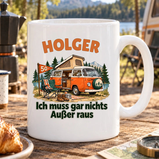 Ich muss nur raus – Tasse zum 50. Geburtstag mit Namen