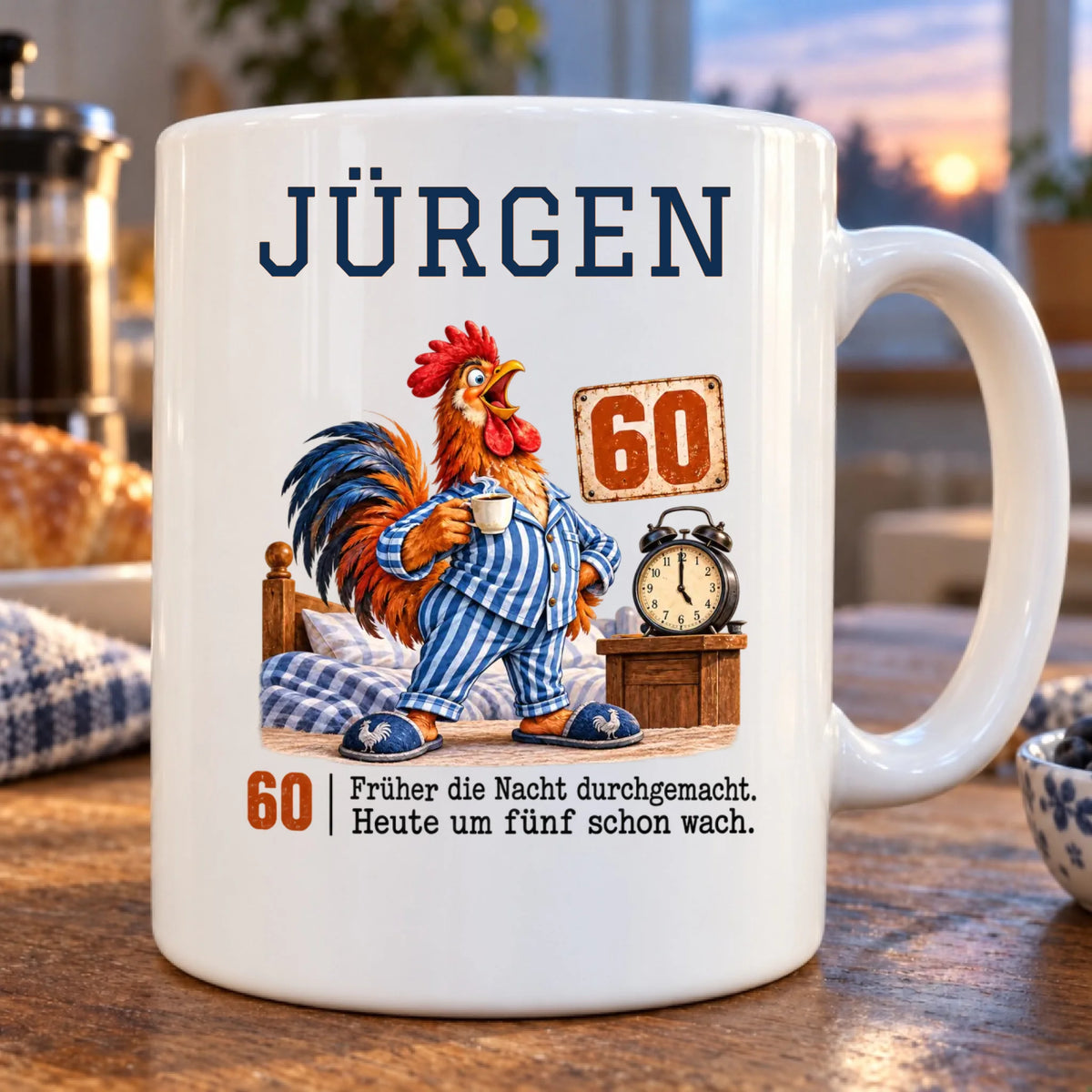 Um fünf schon wach – personalisierte Tasse zum 60. Geburtstag