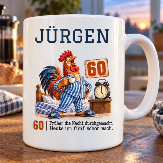 Um fünf schon wach – personalisierte Tasse zum 60. Geburtstag