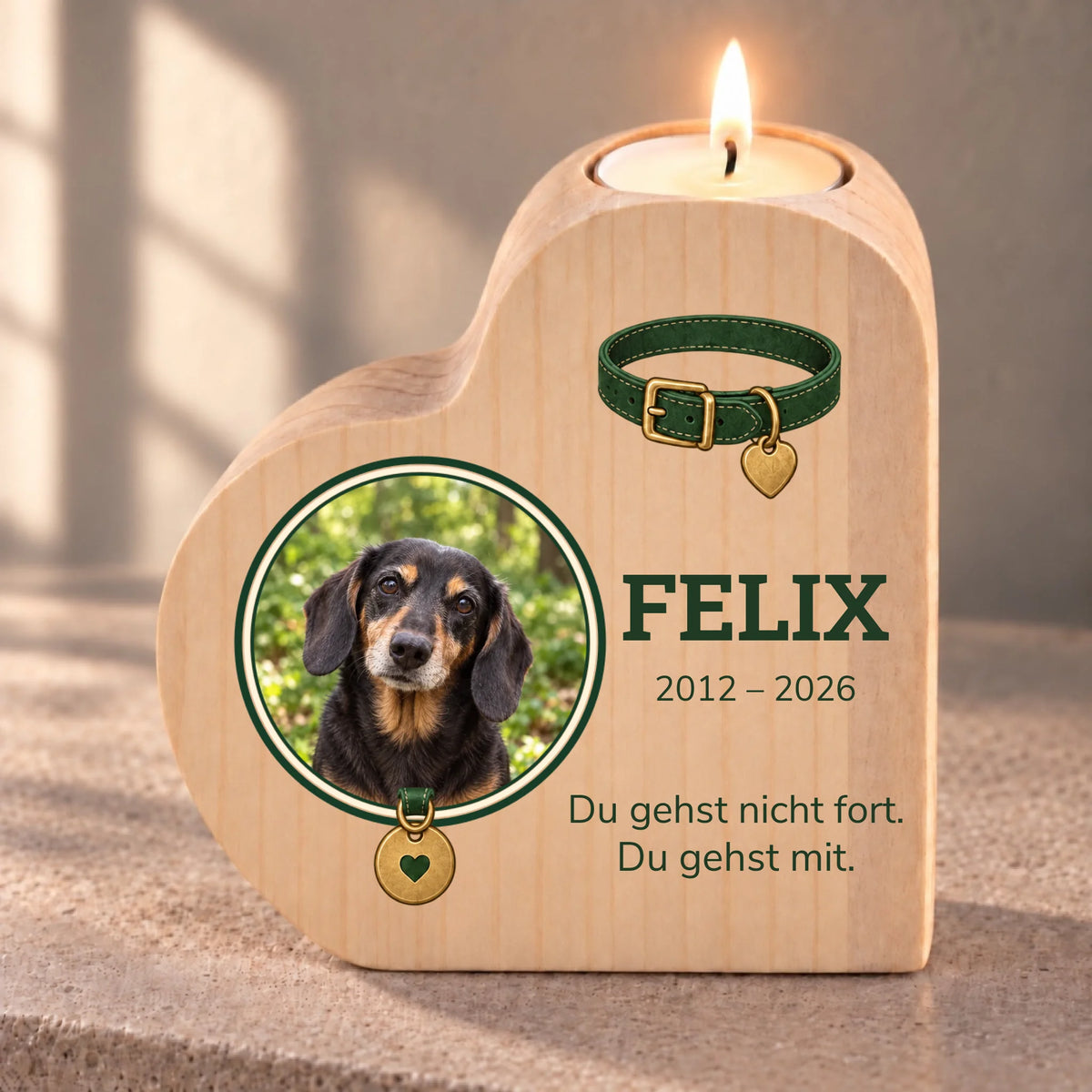 Für immer verbunden – personalisierter Herz-Teelichthalter für Tiere mit Foto – individuelle Vorschau