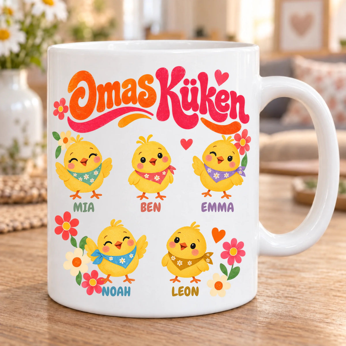 Omas Küken – Retro-Halstücher mit personalisierten Enkelnamen auf LENA-Tasse