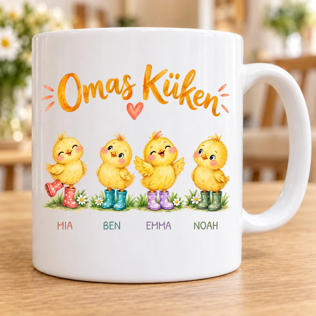 Omas Küken – LENA-Tasse mit Küken in bunten Gummistiefeln und Enkelnamen
