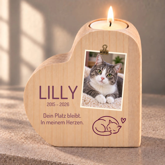 Dein Platz bleibt – personalisierter Herz-Teelichthalter für Tiere mit Foto – individuelle Vorschau