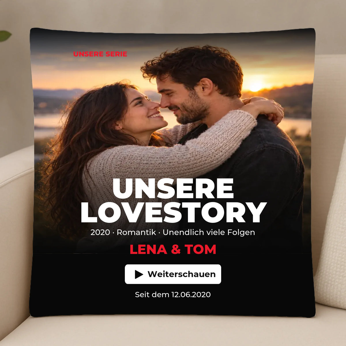 Unsere Lovestory – personalisiertes Fotokissen für Paare – 30×30 cm