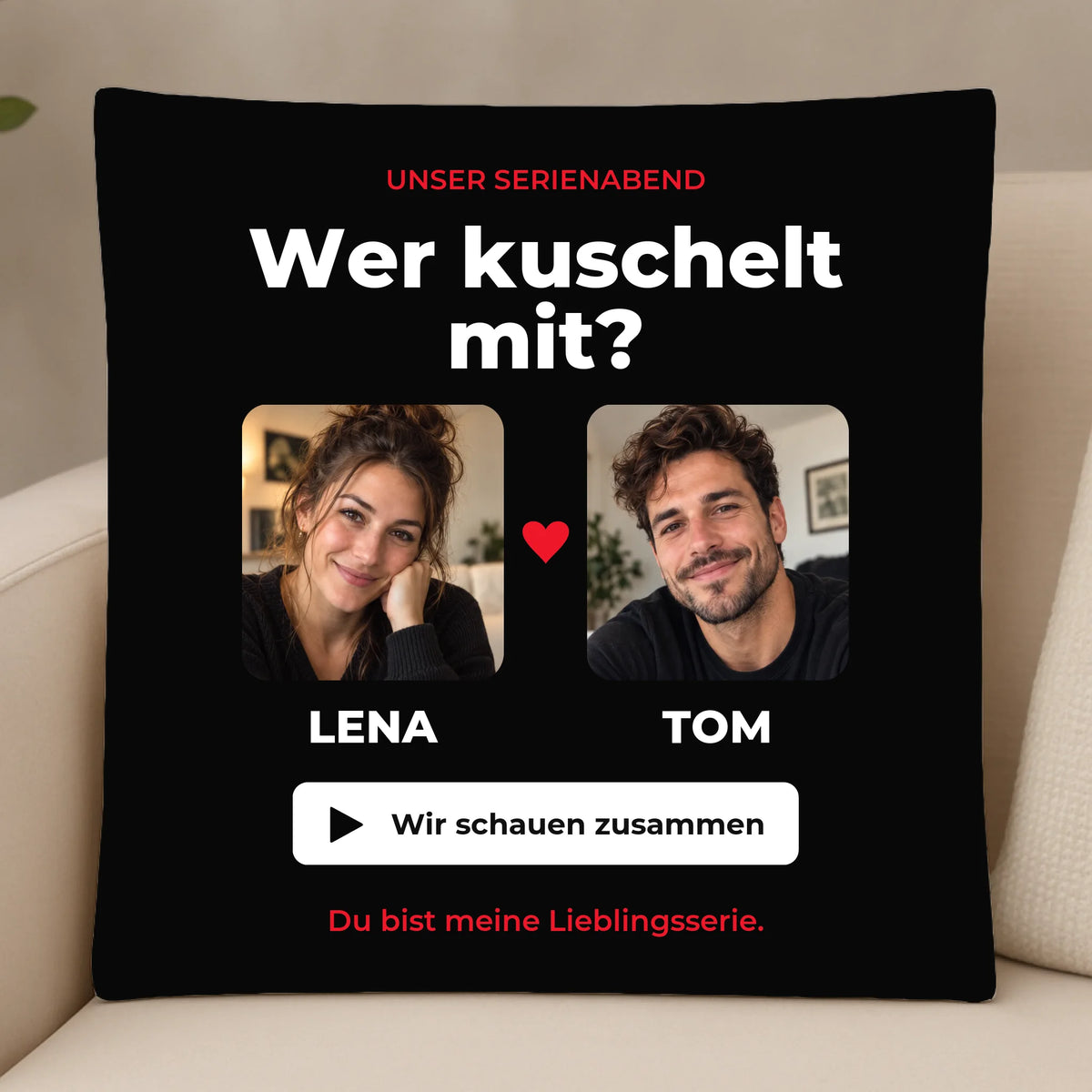 Wer kuschelt mit? – personalisiertes Fotokissen für Paare – 30×30 cm