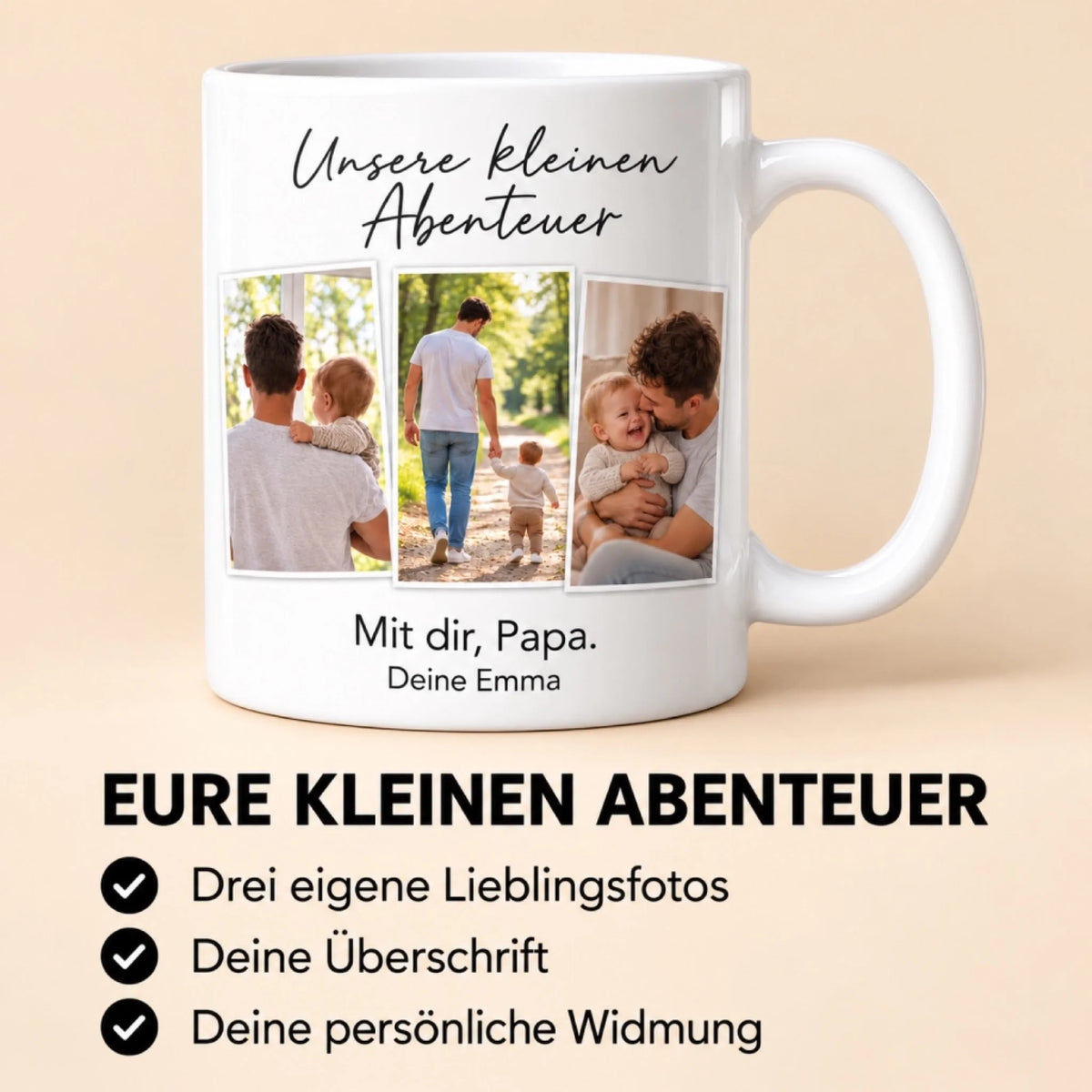 Unsere kleinen Abenteuer – personalisierte Papa-Fototasse – So personalisierst du dein Geschenk