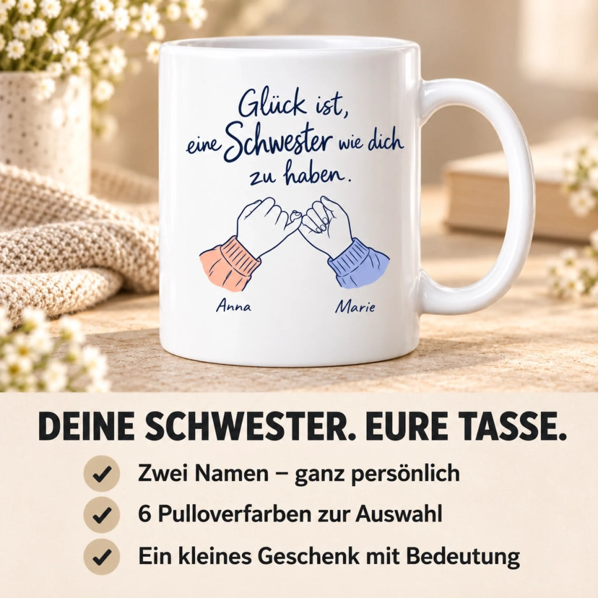 Personalisierung: zwei Namen und sechs Pulloverfarben