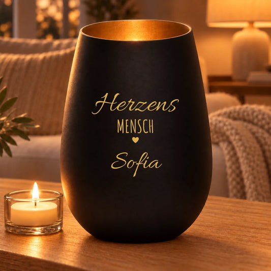 Windlicht Herzensmensch – Elegant – Schwarz/Gold