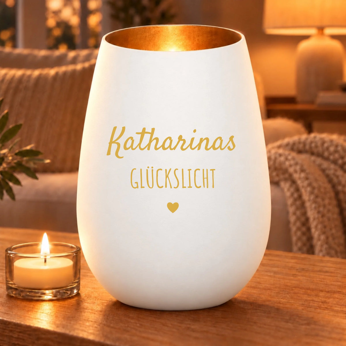 Windlicht Dein Glückslicht – Weiß/Gold